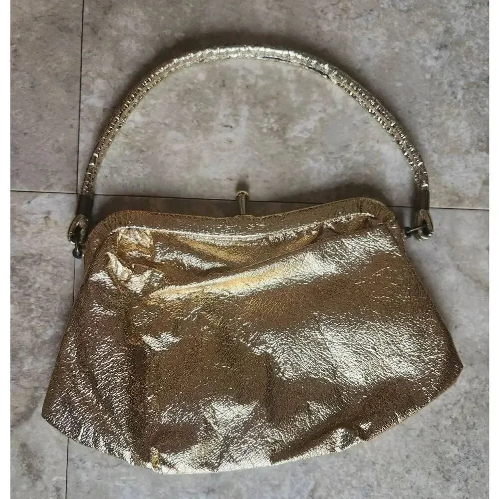 Vintage Gold special occasion shoulder bag w metal kiss clasp and satin lining